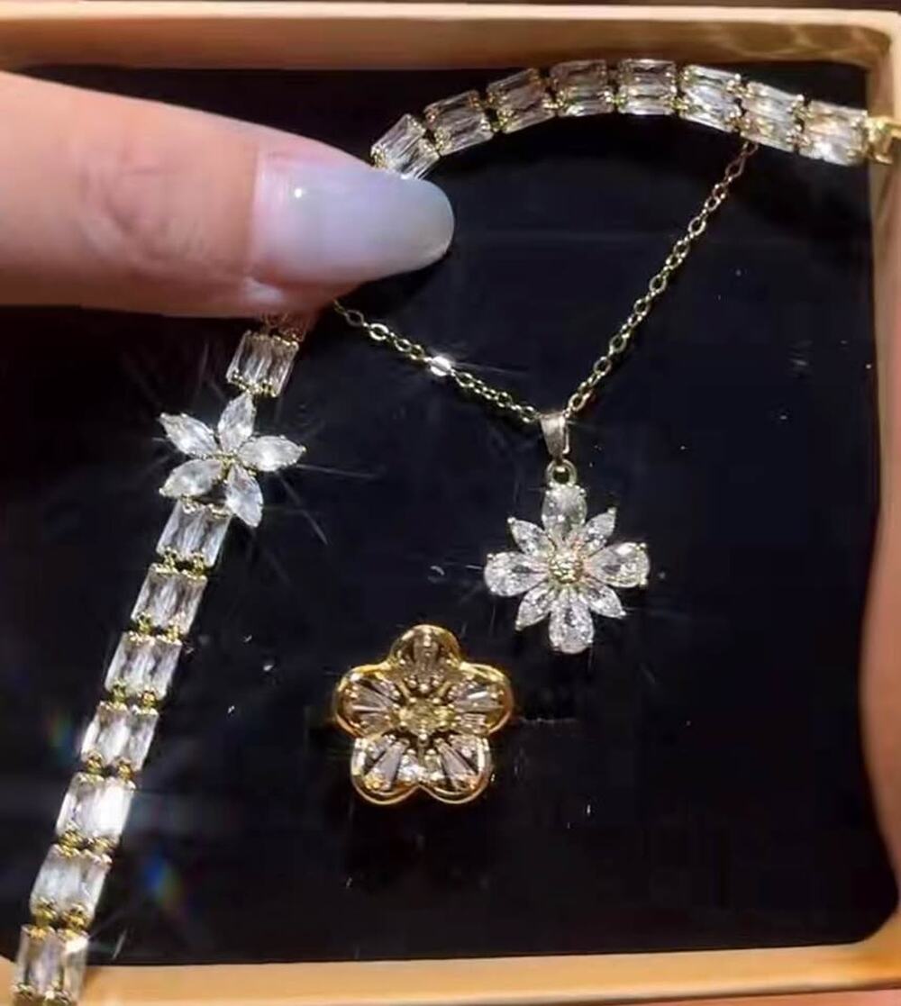 Gold Flower Necklace, Ring & Tennis Bracelet Set